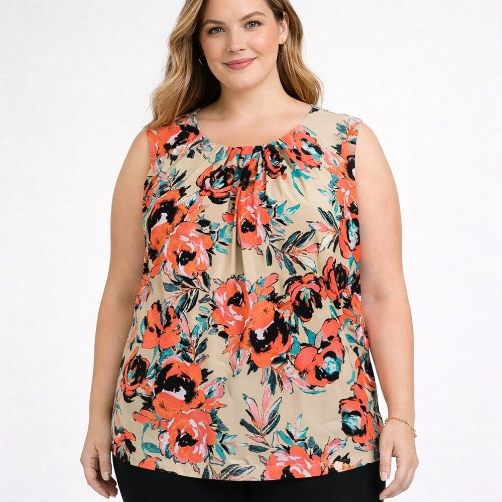 NEW Calvin Klein Womens Pleat Neck Top Jersey Stretch Multicolor Floral Plus 3X